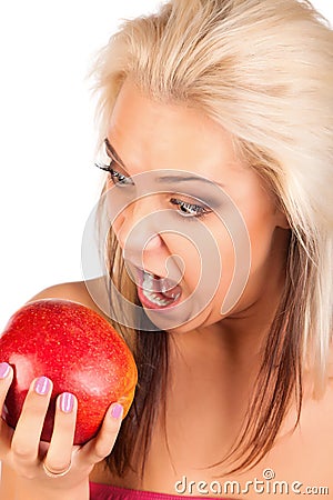 Young funny woman with apple in hand Stock Photo