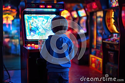 Young Gamer Enjoying Neon Arcade Fun. Stock Photo