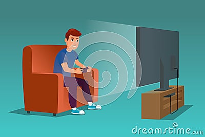 Young gamer man playing video game with console Vector Illustration