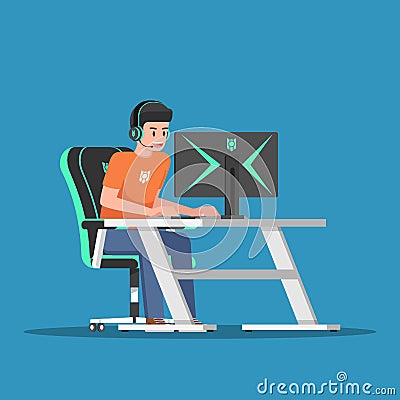 Young gamer playing game on desktop computer with gaming gear Vector Illustration