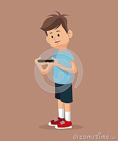 Young gamer standing with smartphone Vector Illustration