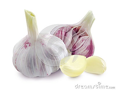 Young garlic heads and cloves on white background Stock Photo