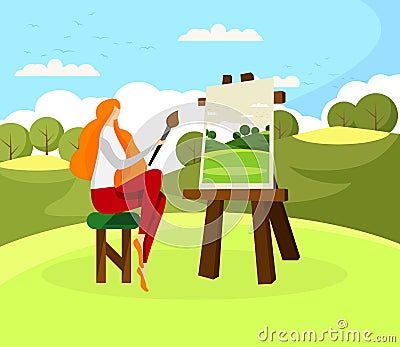 Young Ginger Long Haired Woman Artist on Plein Air Vector Illustration