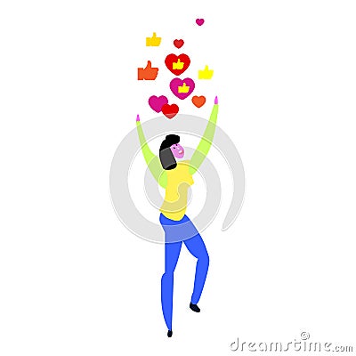 Young girl addiction to social media, get a lot of likes, hand gesture thumb up and hearts. Abstract concept likemania, isolated Vector Illustration