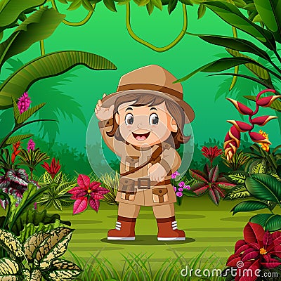 The young girl adventurer stand in the middle of the jungle Vector Illustration