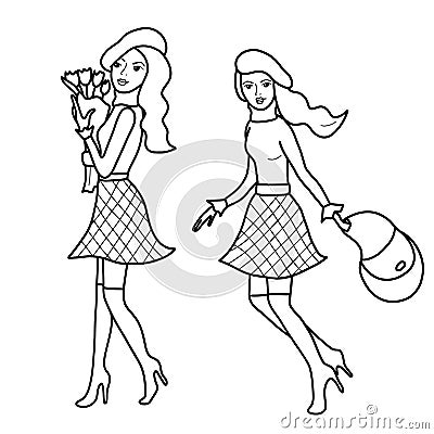 Young girl in beret with bouquet of tulips or running with a bag. French style. Vector illustration, line art. Doodle Vector Illustration