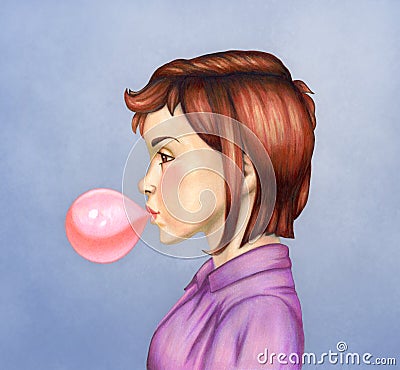 Young girl blowing bubble gum Cartoon Illustration