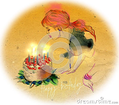 Young girl blowing out candles on a birthday cake Cartoon Illustration