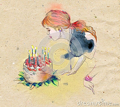 Young girl blowing out candles on a birthday cake Cartoon Illustration