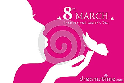 Young girl with butterfly silhouette womans day 8th march Vector Illustration