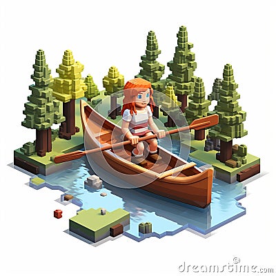 Isometric Pixel Art: Red-haired Girl Rowing A Boat Through The Woods Stock Photo