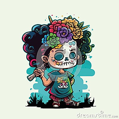 Young girl celebrates the Mexican celebration of Dia de los Muertos. Vector Illustration