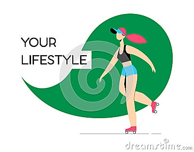 Young girl character skates on roller-skaters Vector Illustration