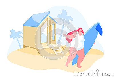 Young Girl Character with Surf Board in Hands Stand on Sandy Beach under Palm Tree on Resort Lodge Background Vector Illustration