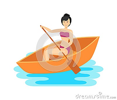 Young girl characters on boat and holding oar Vector Illustration