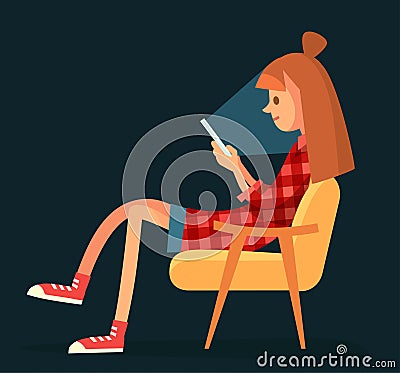 Young girl chatting online on smartphone in social networks posting topics Vector Illustration