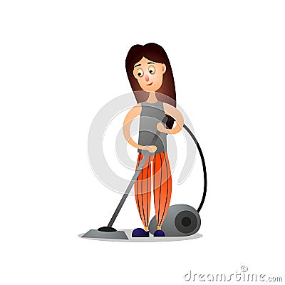 Young girl cleaning room using modern vacuum cleaner Vector Illustration