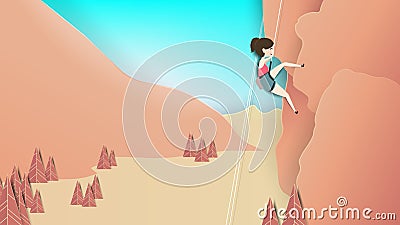 Young girl climbing on rock mountain, paper art/paper cutting style Vector Illustration