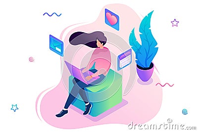 Young girl communicates in a social network via the laptop. Concept of social networks. 3d isometric Concept for web design Vector Illustration