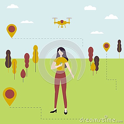 Young girl controls the drone outdoors Vector Illustration