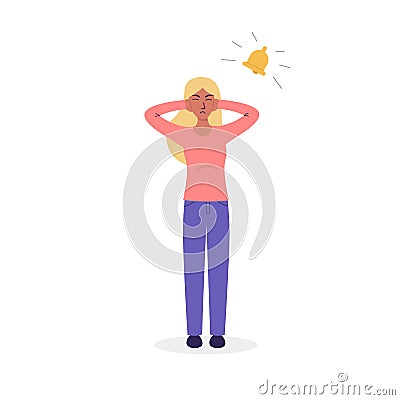 Girl with tinnitus, noise in ears Vector Illustration