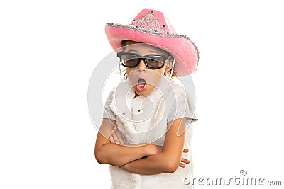 Surprized Little Girl with Cowboy Hat and Sunglasses Stock Photo