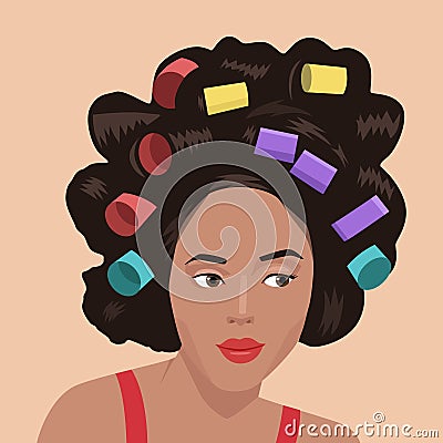 Young girl with curlers in hair Cartoon Illustration