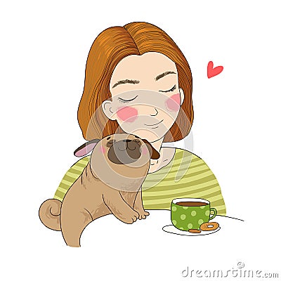 Young girl and a cute pug. beautiful woman and cute puppy Vector Illustration