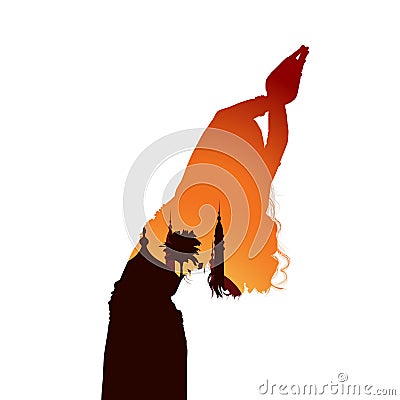 Young girl dancing oriental belly dancing. Silhouette of girl dancing Arabic dance. Evening landscape. Vector Vector Illustration