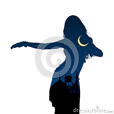 Young girl dancing oriental belly dancing. Silhouette of girl dancing Arabic dance. Night landscape. Vector illustration Vector Illustration