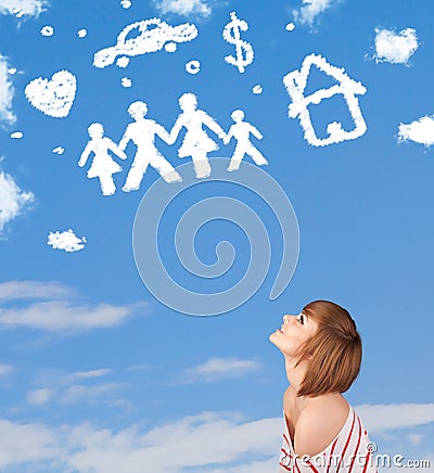 Young girl daydreaming with family and household clouds Stock Photo