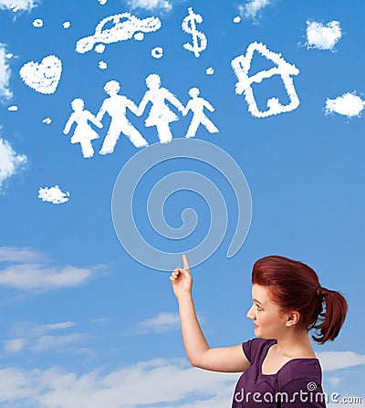 Young girl daydreaming with family and household clouds Stock Photo