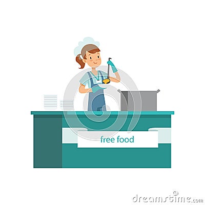 Young girl distributing free food for homeless people. Volunteering concept. Social support activities. Cartoon female Vector Illustration