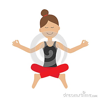 Young girl do yoga. Cute cartoon woman character sitting in lotus pose. Healthy lifestyle. Relax exercises. Meditating. Isolated. Vector Illustration