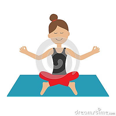 Young girl do yoga. Cute cartoon woman character sitting in lotus pose. Healthy lifestyle. Yoga pad. Fitness clothes. Relax Vector Illustration