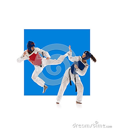 Young girl in dobok, kimono and helmet in motion, training, practicing taekwondo stunts isolated over white background Stock Photo