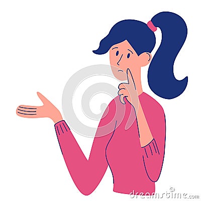 Young girl doubts. Curious young woman solving problem. Choice, thinking, doubt, problem concept. Female character asking Vector Illustration
