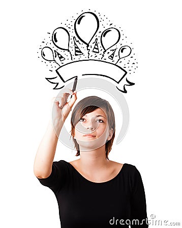 Young girl drawing a party label on whiteboard Stock Photo