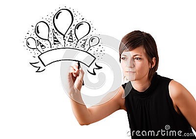 Young girl drawing a party label on whiteboard Stock Photo