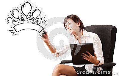 Young girl drawing a party label on whiteboard Stock Photo