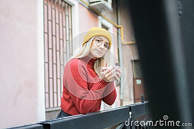 Young girl drink coffee and smiling Stock Photo