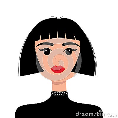 Young girl face. Brunette bob cut hairstyle. Portrait of woman. Beautiful lady, female. Front view. Black hair. Avatar for social Vector Illustration