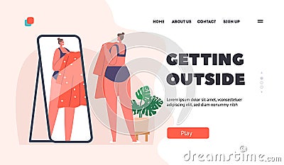 Young Girl Getting Outside Landing Page Template. Female Character Trying on Clothes. Woman in Linen with Dress in Hands Vector Illustration