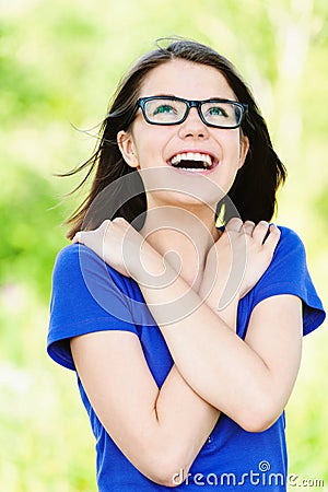 Young girl glasses looking up Stock Photo