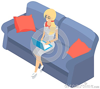 Young girl in glasses sitting with laptop on sofa serfing in internet, training, education online Vector Illustration