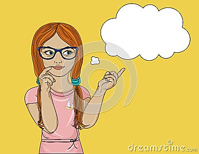 Young girl in glasses thought. Daydreaming and looking Cartoon Illustration