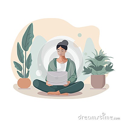 A young girl in a green suit sits with a laptop in her hands. Remotely working outdoors. Flat vector illustration Vector Illustration