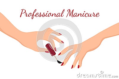 Young girl hands doing manicure with red nail polish. Beauty, body care and nail salon vector concept Vector Illustration