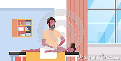 Young girl having back massage african american masseur massaging patient body woman relaxing lying on table luxury spa Vector Illustration