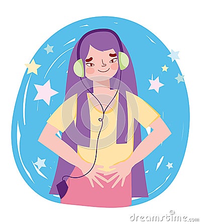 Young girl with headphones mobile listening music Vector Illustration